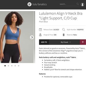 Lululemon Align V-Neck Bra *Light Support, C/D Cup - Pitch Blue; Size 8